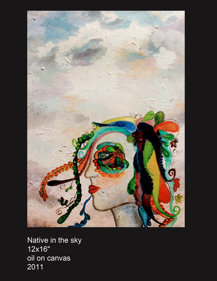 A painting of a woman with colorful rainbow hair against a bright sky