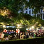 The Lowenstein Plaza lit up for Block Party